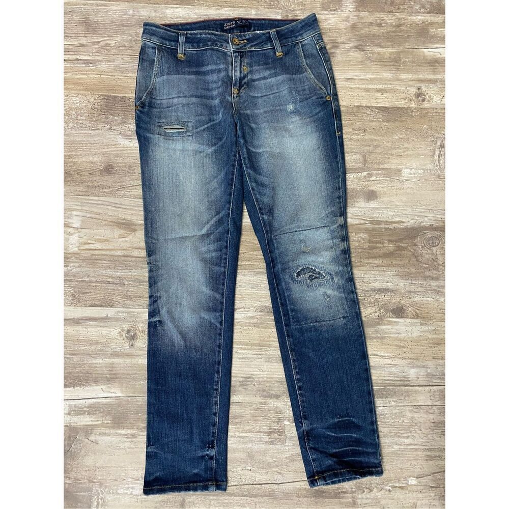 Zara Z1975 Basic Denim Jeans Straight Distressed Stretch Womens Size 2 USA
